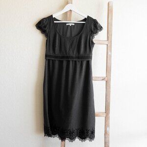 ANTONIO MELANI LBD DRESS SZ 4 BLACK GRAY SHORT CAP SLEEVE SCALLOPED LACE TRIM